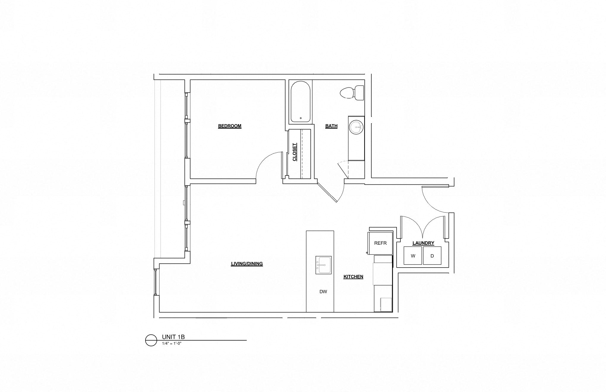 Floor plan for 1 bed, 1 bath, 727 sqft